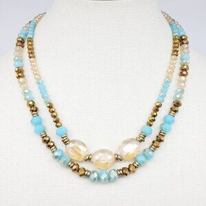 Artisan Double Strand Faceted Crystal Glass Beaded Necklace Electroplated Gold